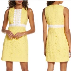 Lilly Pulitzer Yellow Lace Mini Dress with White Crochet Waist eyelet railee